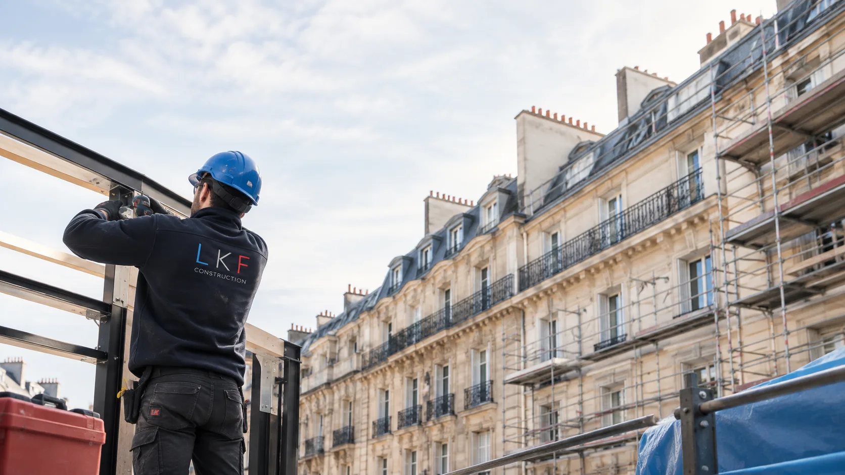 Compagnon LKF Construction en veste floquée installant une structure métallique devant un immeuble haussmannien parisien sous échafaudage